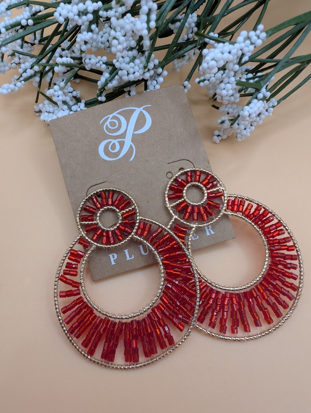 Plunder Gold-Tone Red Glass Beaded "Harmony" Hoop Earrings NEW!
